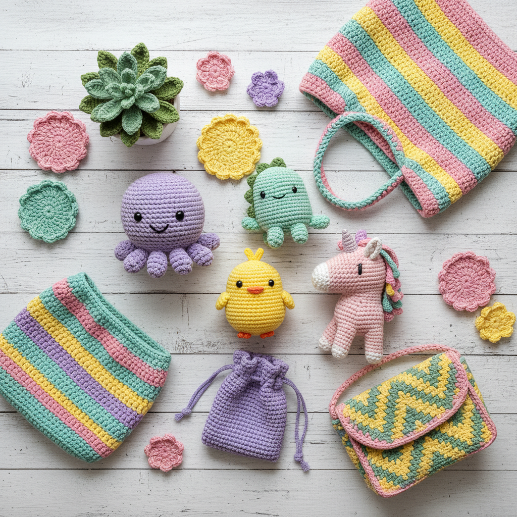 Variedad de productos tejidos a crochet - amigurumis, bolsos y artículos decorativos