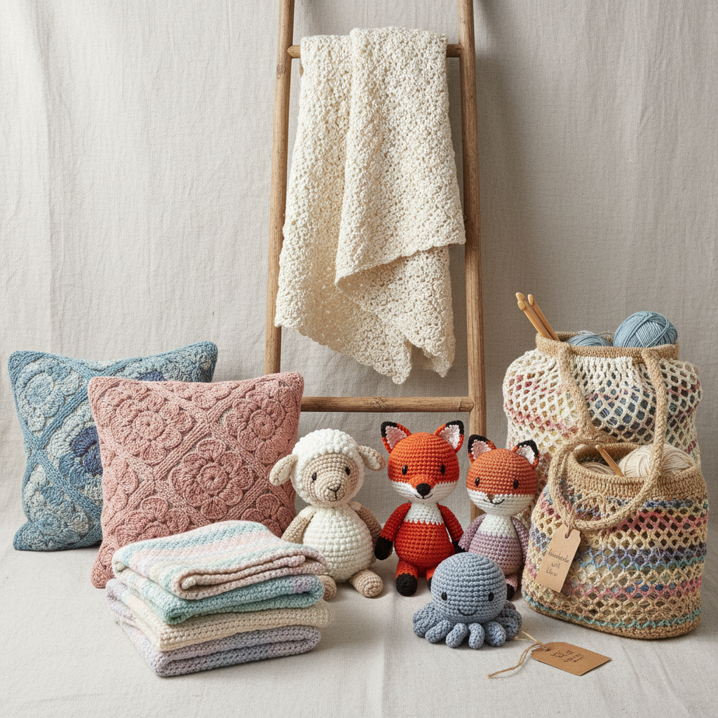 Colección de productos terminados a crochet listos para vender